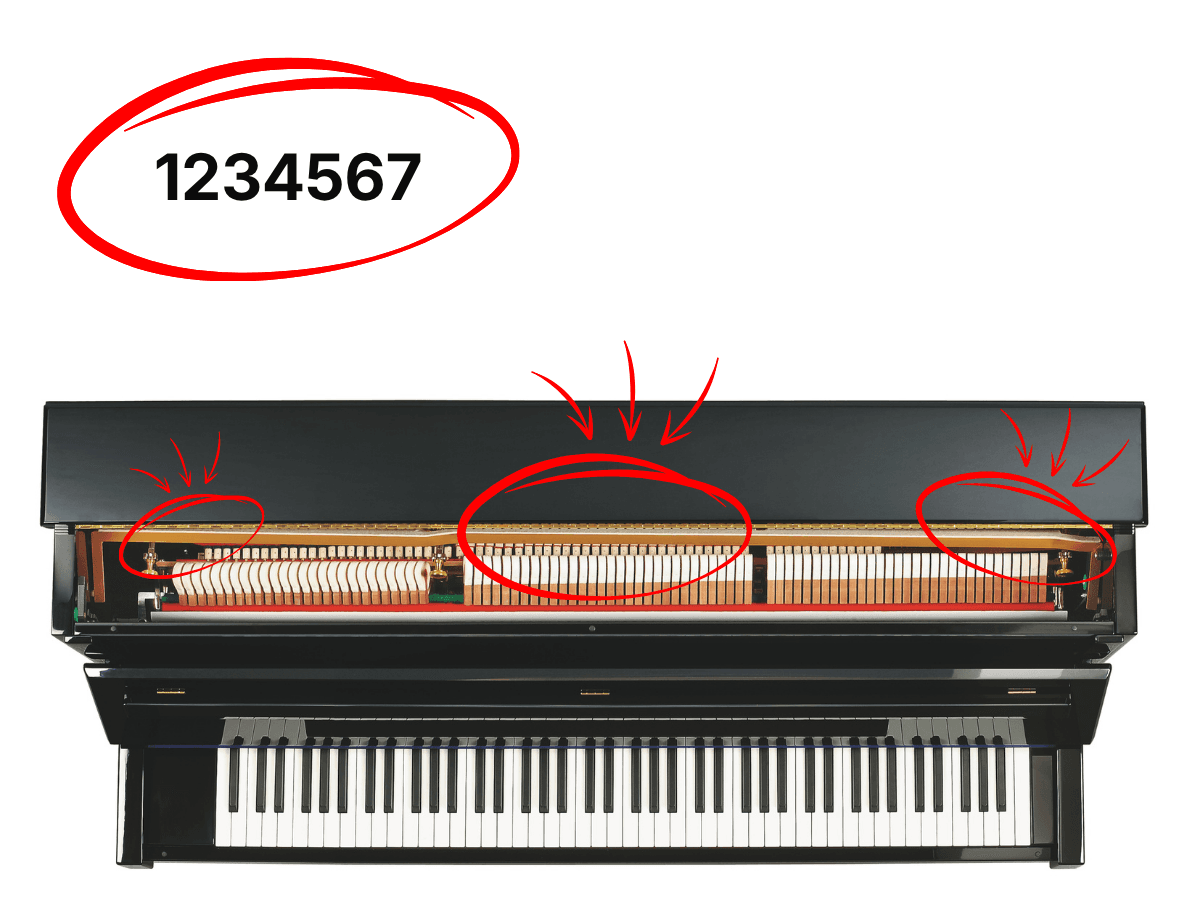 Een staande piano met de locaties van de serienummers omcirkeld aan de binnenkant van het deksel.